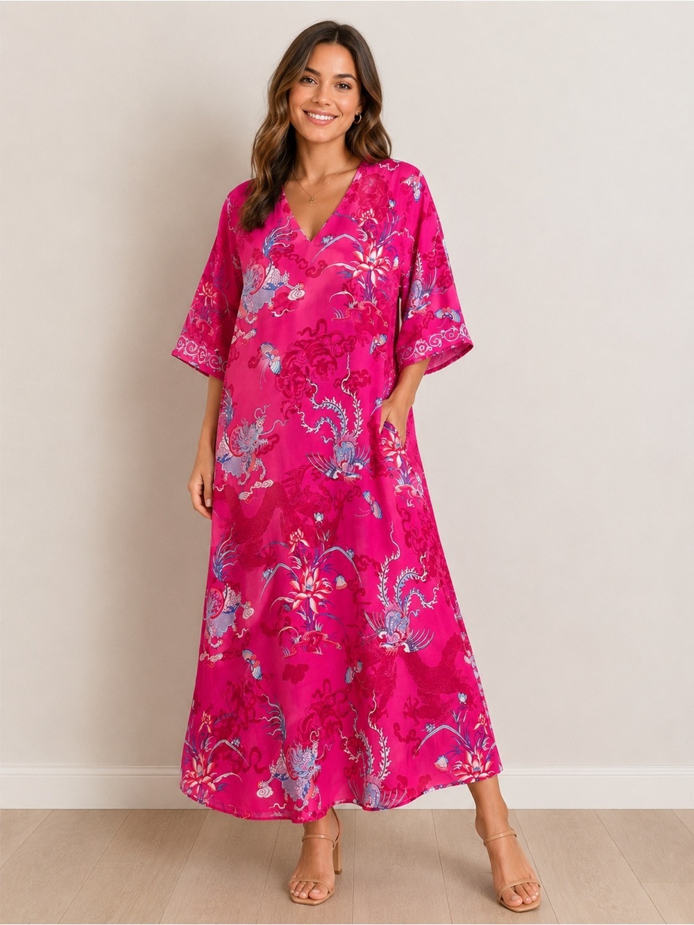 Natori Pink Dragon Print Satin Caftan Midi Dress Size Small Boho Luxe